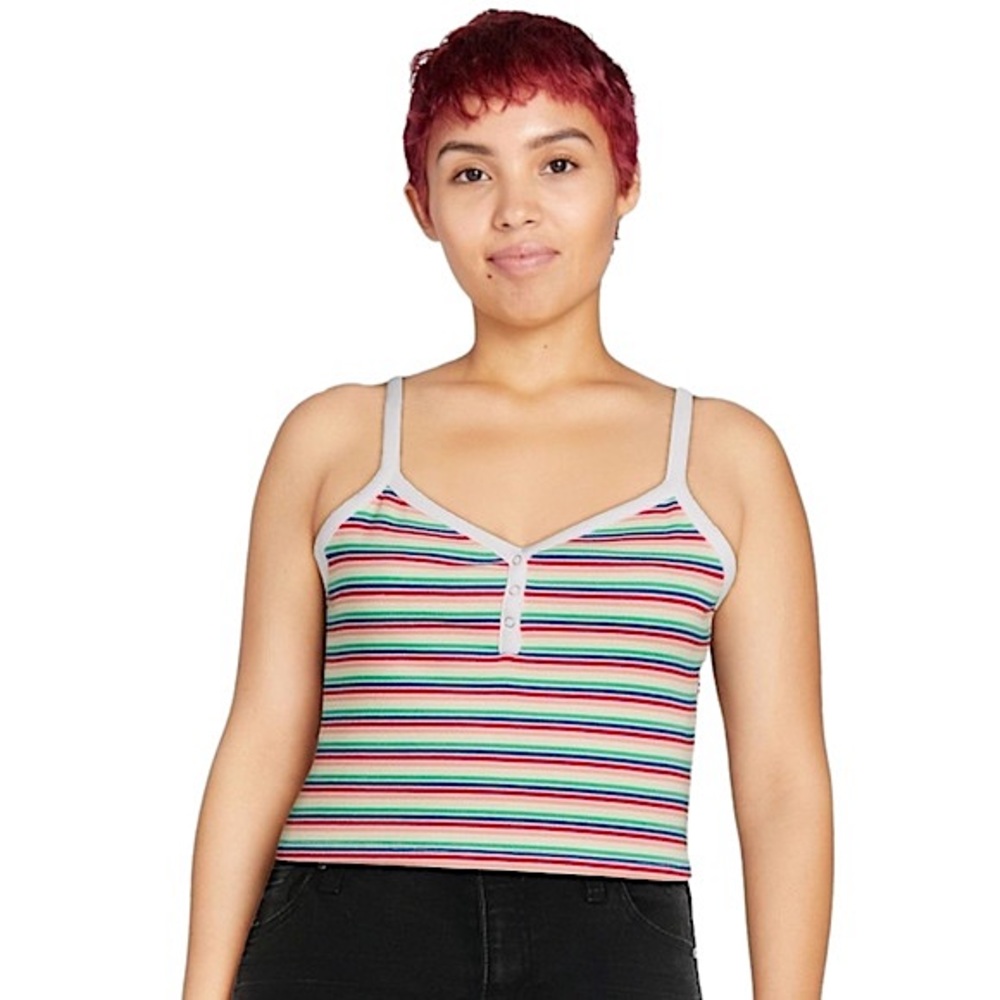 No Boundaries size large rainbow striped spaghetti strap ribbed crop top NWT